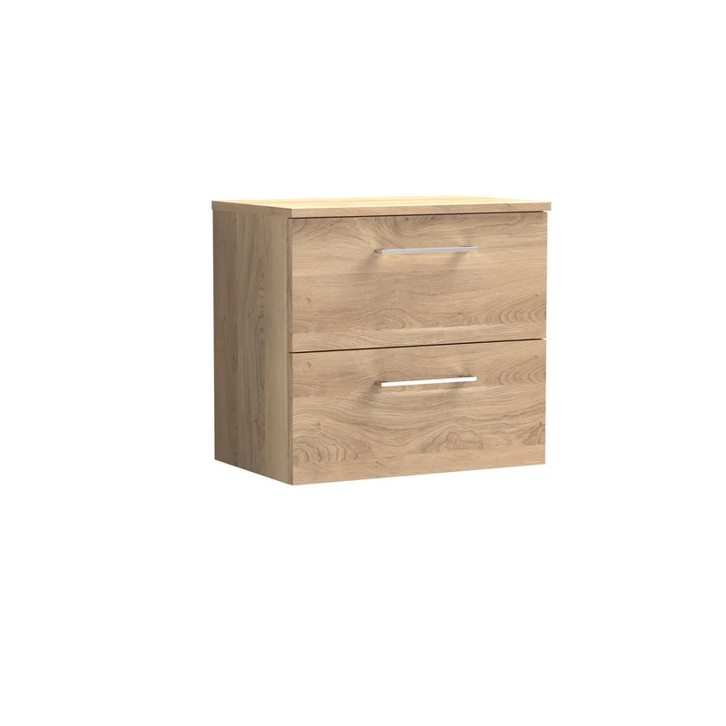 Lana 600mm Wall Hung 2 Drawer Vanity Unit & Worktop - Bleached Oak Woodgrain