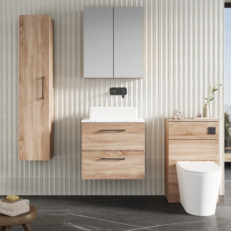Lana 600mm Wall Hung 2 Drawer Vanity Unit & Carrera Marble Laminate Worktop - Bleached Oak Woodgrain