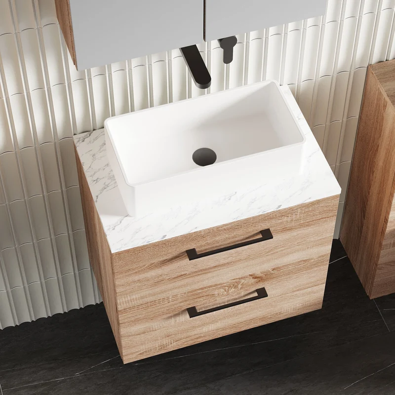 Lana 600mm Wall Hung 2 Drawer Vanity Unit & Carrera Marble Laminate Worktop - Bleached Oak Woodgrain