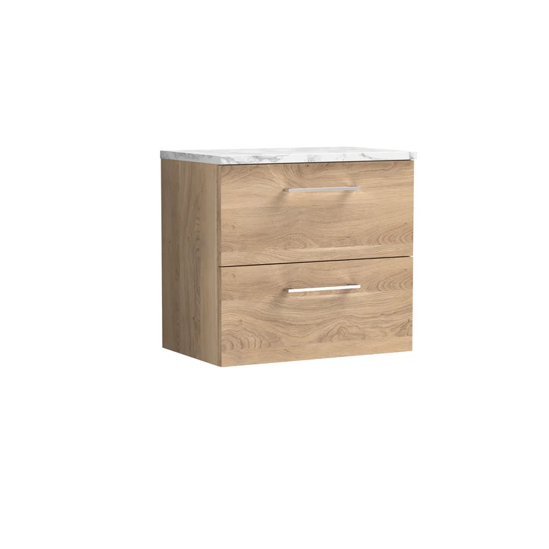 Lana 600mm Wall Hung 2 Drawer Vanity Unit & Carrera Marble Laminate Worktop - Bleached Oak Woodgrain