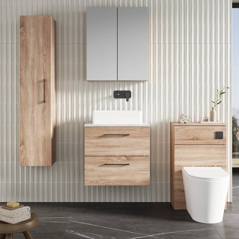 Lana 600mm Wall Hung 2 Drawer Vanity Unit & Bellato Grey Laminate Worktop - Bleached Oak Woodgrain