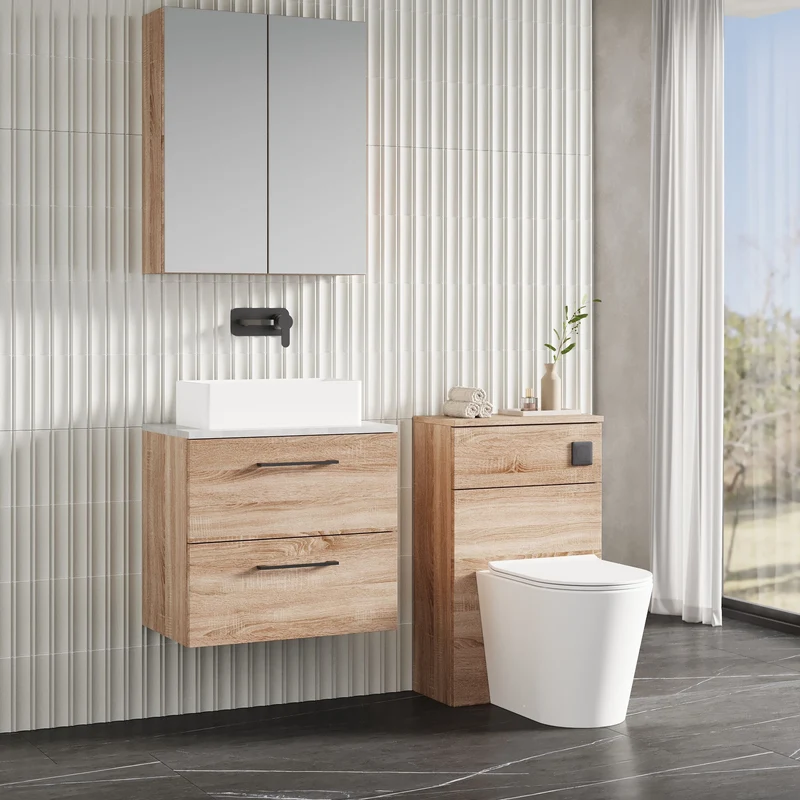Lana 600mm Wall Hung 2 Drawer Vanity Unit & Bellato Grey Laminate Worktop - Bleached Oak Woodgrain