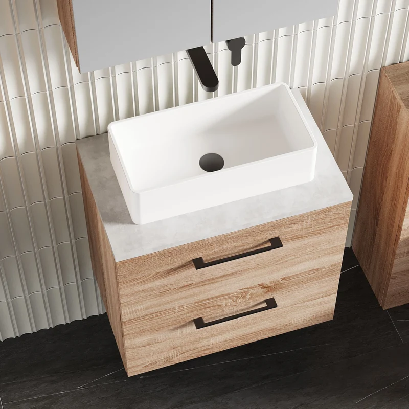 Lana 600mm Wall Hung 2 Drawer Vanity Unit & Bellato Grey Laminate Worktop - Bleached Oak Woodgrain