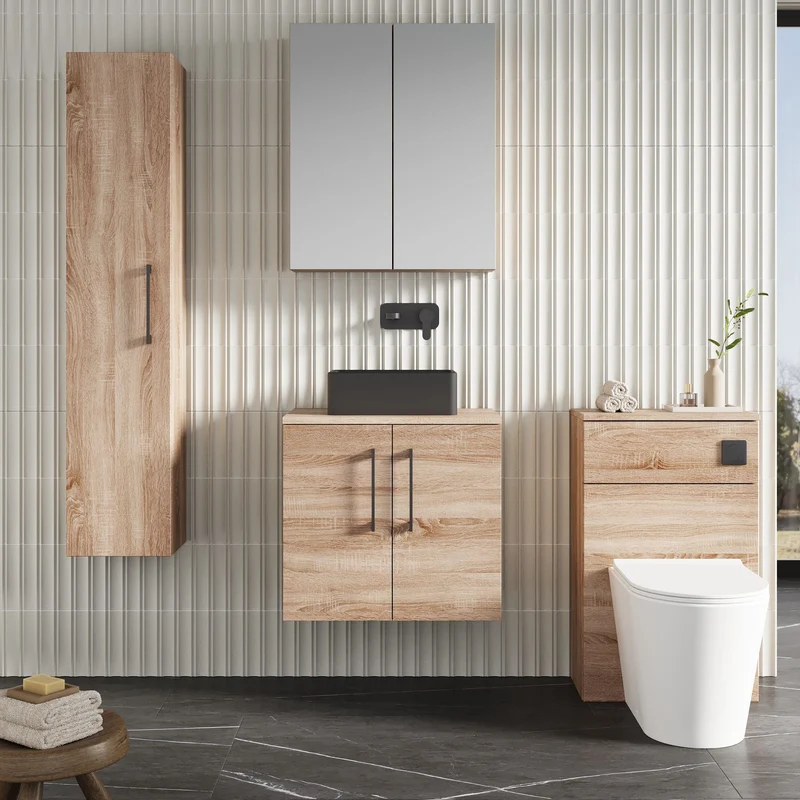 Lana 600mm Wall Hung 2 Door Vanity Unit & Worktop - Bleached Oak Woodgrain