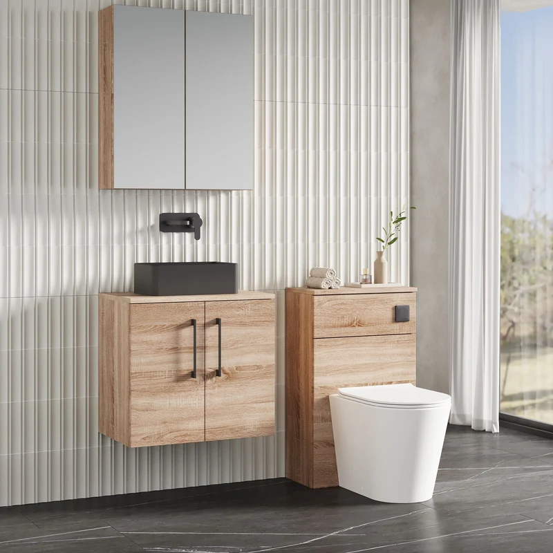 Lana 600mm Wall Hung 2 Door Vanity Unit & Worktop - Bleached Oak Woodgrain