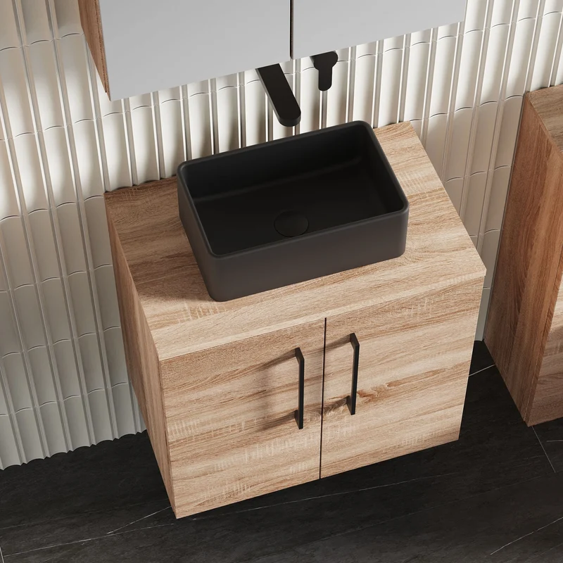 Lana 600mm Wall Hung 2 Door Vanity Unit & Worktop - Bleached Oak Woodgrain
