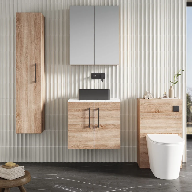 Lana 600mm Wall Hung 2 Door Vanity Unit & Carrera Marble Laminate Worktop - Bleached Oak Woodgrain