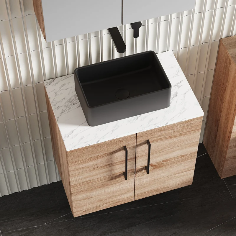 Lana 600mm Wall Hung 2 Door Vanity Unit & Carrera Marble Laminate Worktop - Bleached Oak Woodgrain