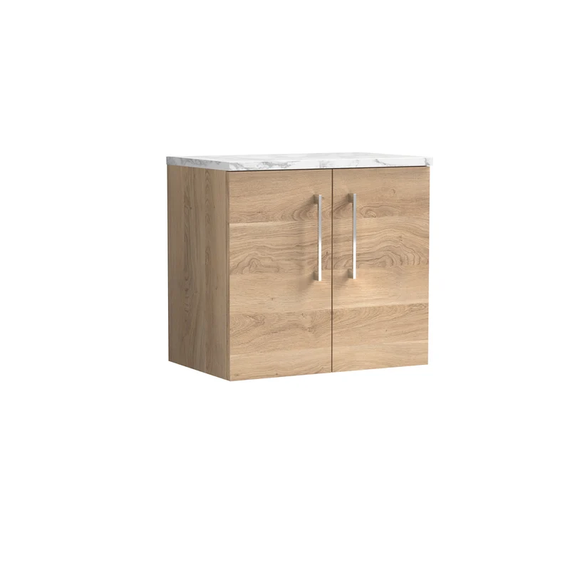 Lana 600mm Wall Hung 2 Door Vanity Unit & Carrera Marble Laminate Worktop - Bleached Oak Woodgrain