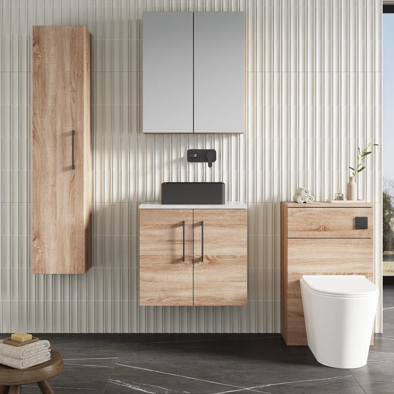 Lana 600mm Wall Hung 2 Door Vanity Unit & Bellato Grey Laminate Worktop - Bleached Oak Woodgrain