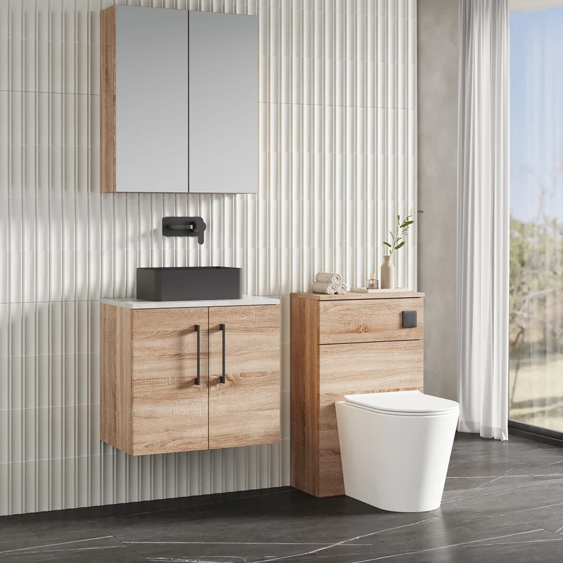 Lana 600mm Wall Hung 2 Door Vanity Unit & Bellato Grey Laminate Worktop - Bleached Oak Woodgrain