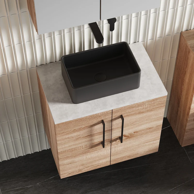 Lana 600mm Wall Hung 2 Door Vanity Unit & Bellato Grey Laminate Worktop - Bleached Oak Woodgrain