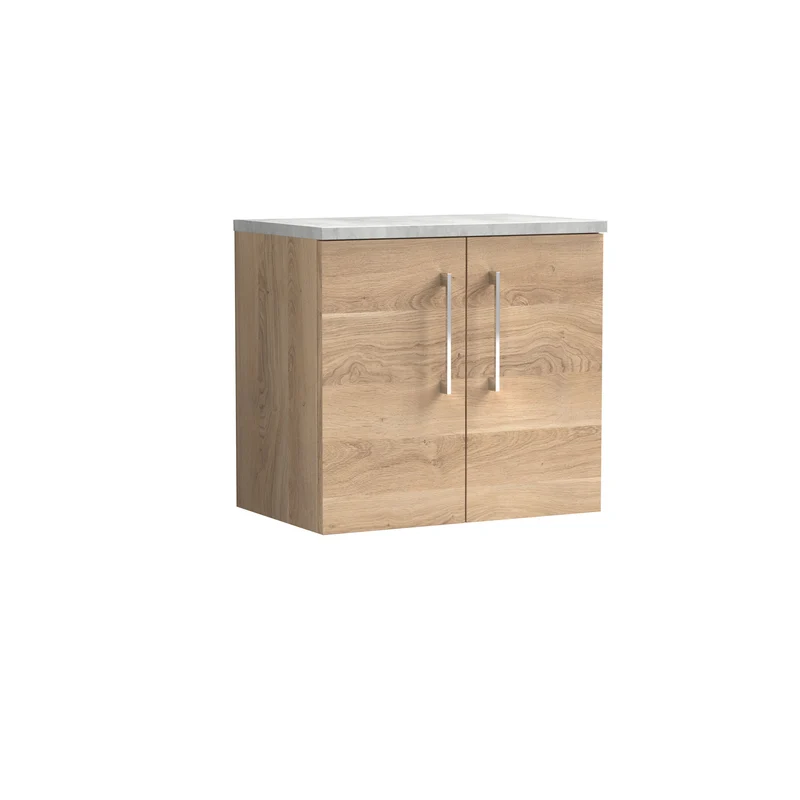 Lana 600mm Wall Hung 2 Door Vanity Unit & Bellato Grey Laminate Worktop - Bleached Oak Woodgrain