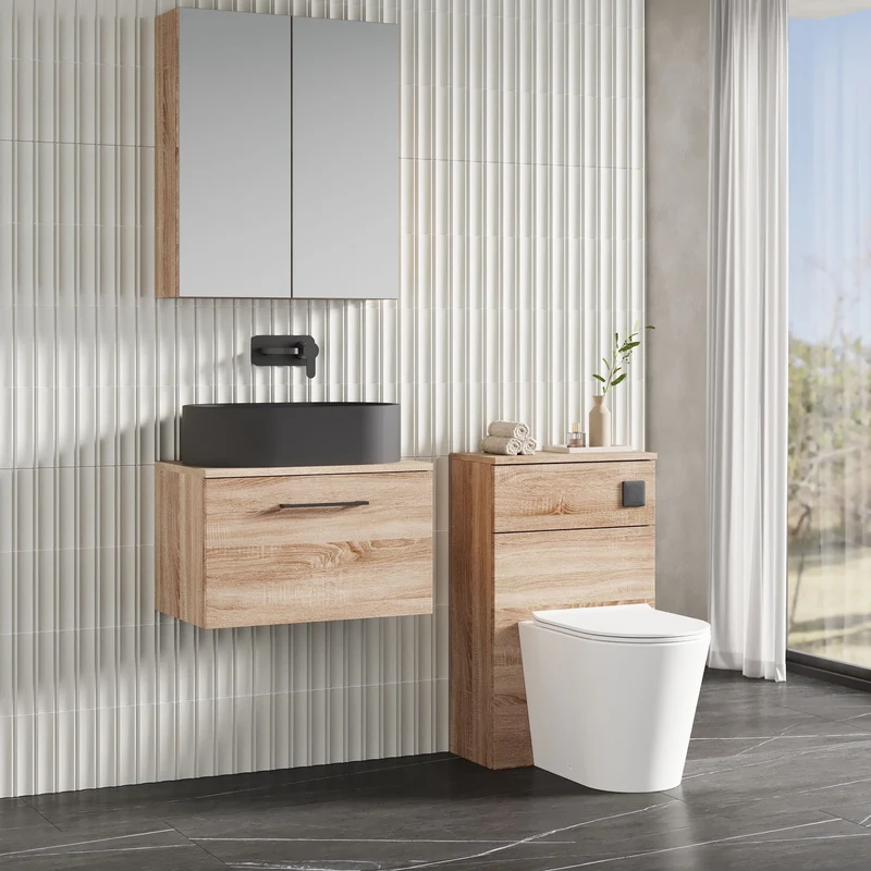 Lana 600mm Wall Hung 1 Drawer Vanity Unit & Worktop - Bleached Oak Woodgrain