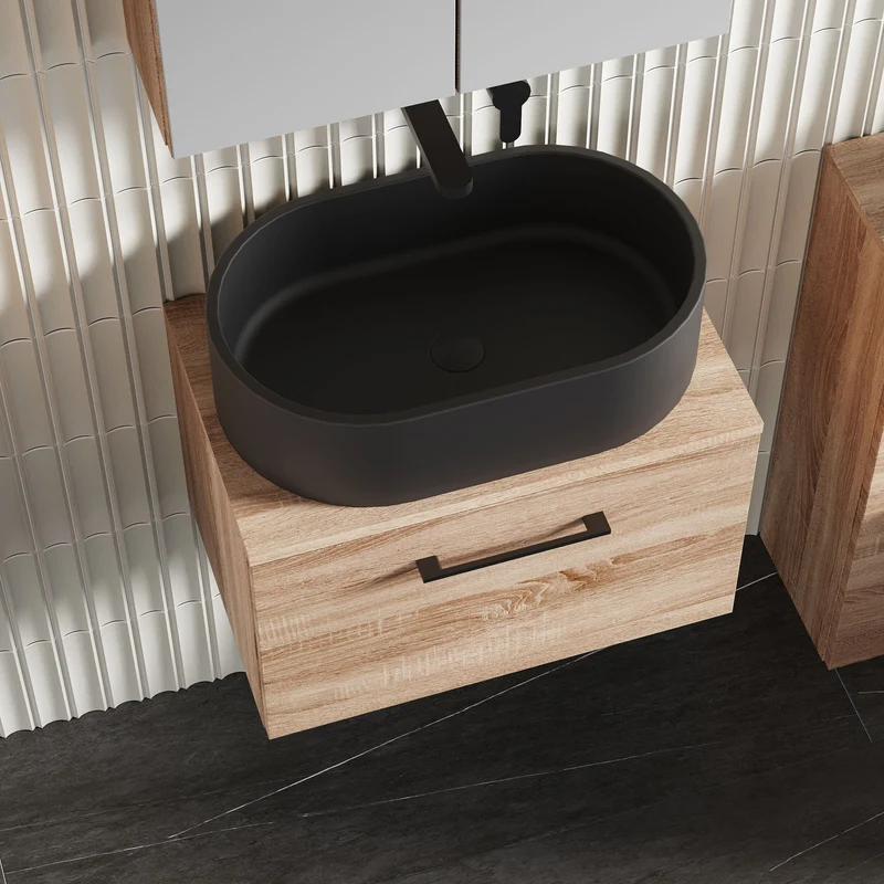 Lana 600mm Wall Hung 1 Drawer Vanity Unit & Worktop - Bleached Oak Woodgrain