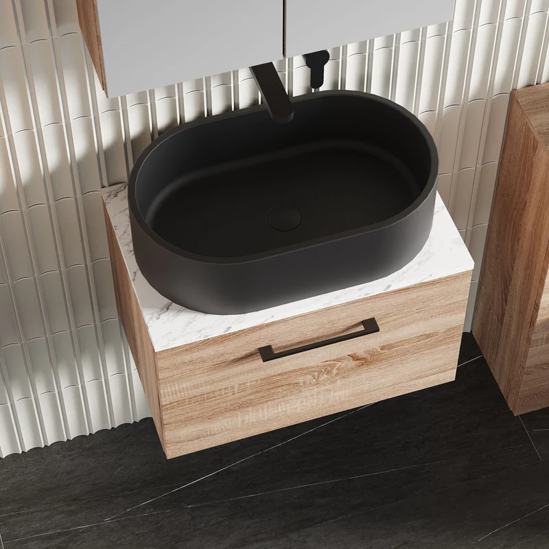 Lana 600mm Wall Hung 1 Drawer Vanity Unit & Carrera Marble Laminate Worktop - Bleached Oak Woodgrain
