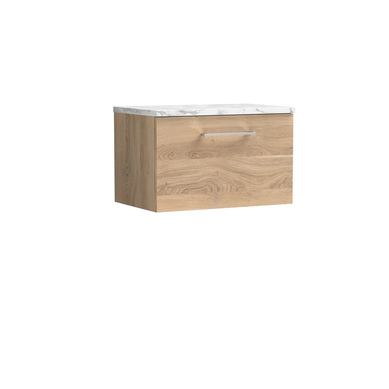 Lana 600mm Wall Hung 1 Drawer Vanity Unit & Carrera Marble Laminate Worktop - Bleached Oak Woodgrain