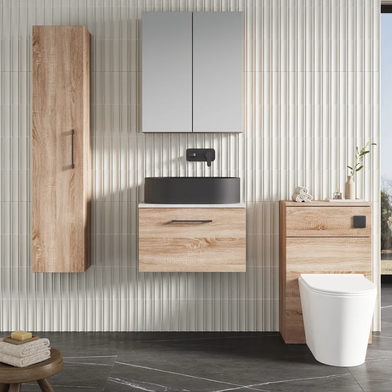 Lana 600mm Wall Hung 1 Drawer Vanity Unit & Bellato Grey Laminate Worktop - Bleached Oak Woodgrain