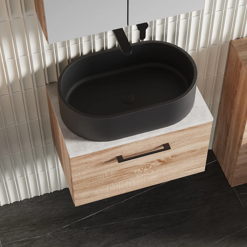 Lana 600mm Wall Hung 1 Drawer Vanity Unit & Bellato Grey Laminate Worktop - Bleached Oak Woodgrain