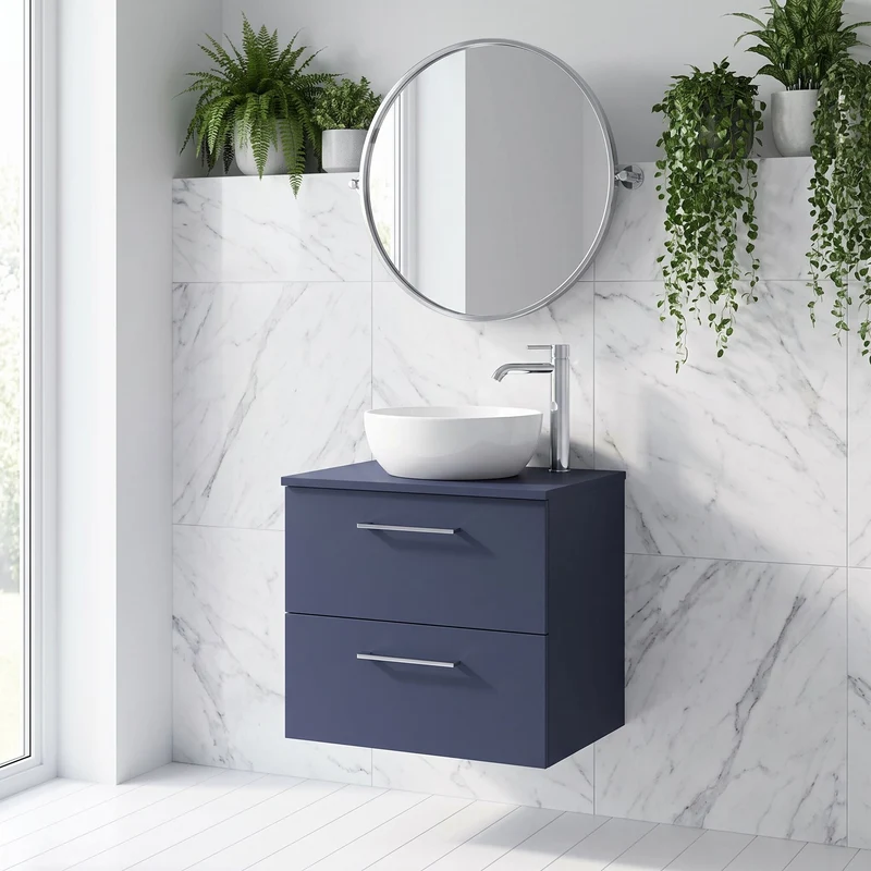Lana 600mm Wall Hung 2 Drawer Vanity Unit & Worktop - Midnight Blue Satin