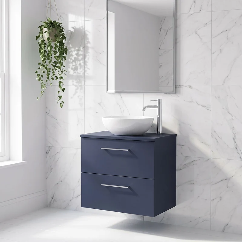 Lana 600mm Wall Hung 2 Drawer Vanity Unit & Worktop - Midnight Blue Satin