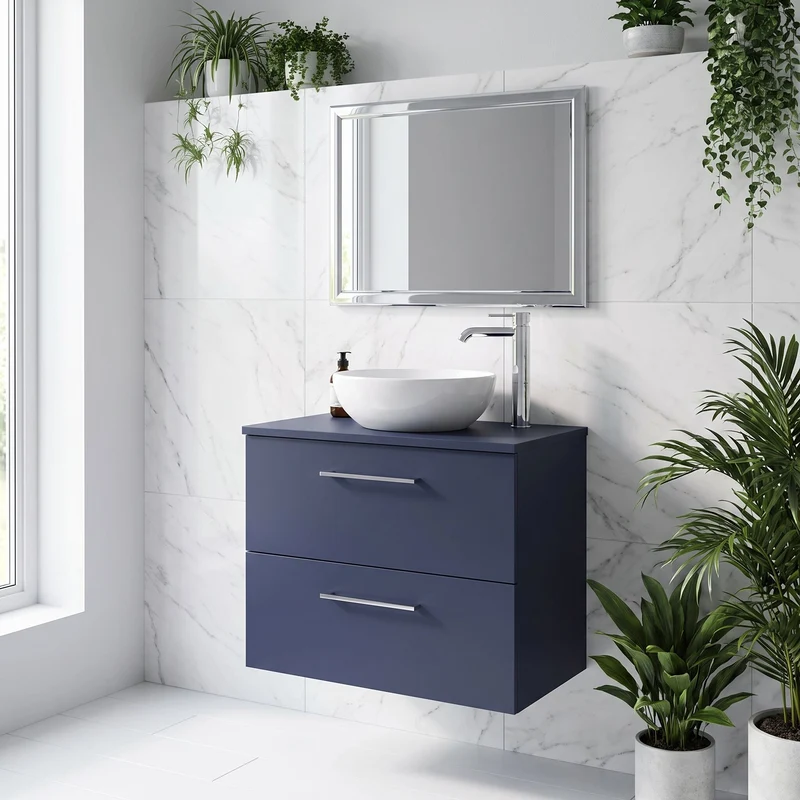 Lana 600mm Wall Hung 2 Drawer Vanity Unit & Worktop - Midnight Blue Satin