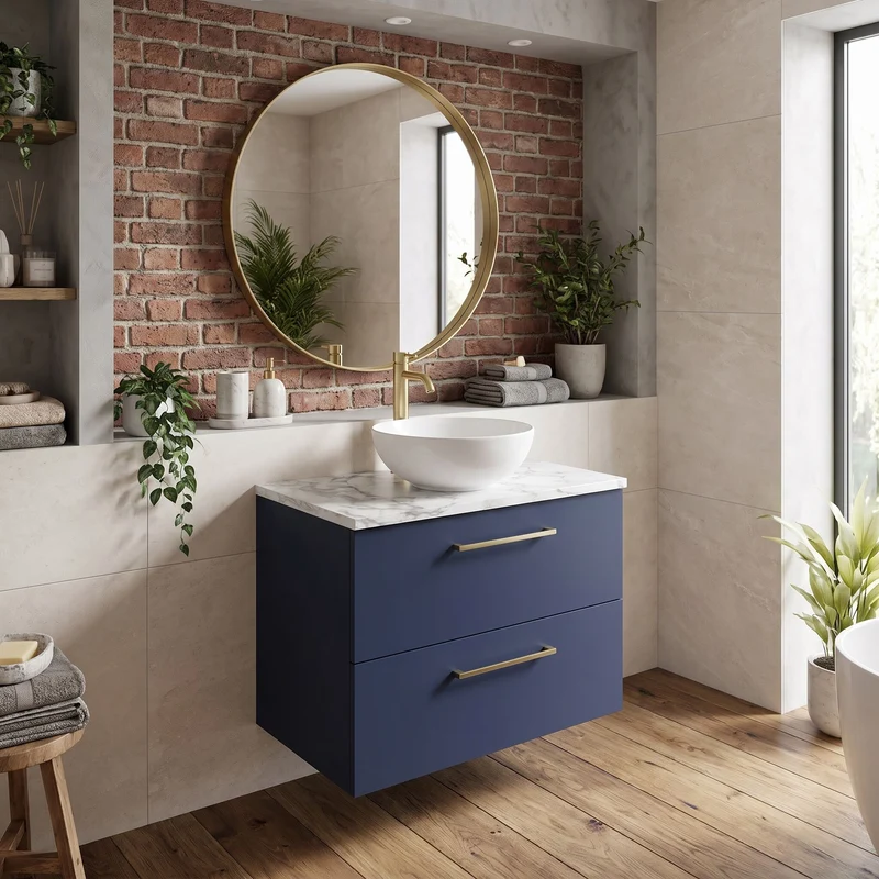 Lana 600mm Wall Hung 2 Drawer Vanity Unit & Carrera Marble Laminate Worktop - Midnight Blue Satin