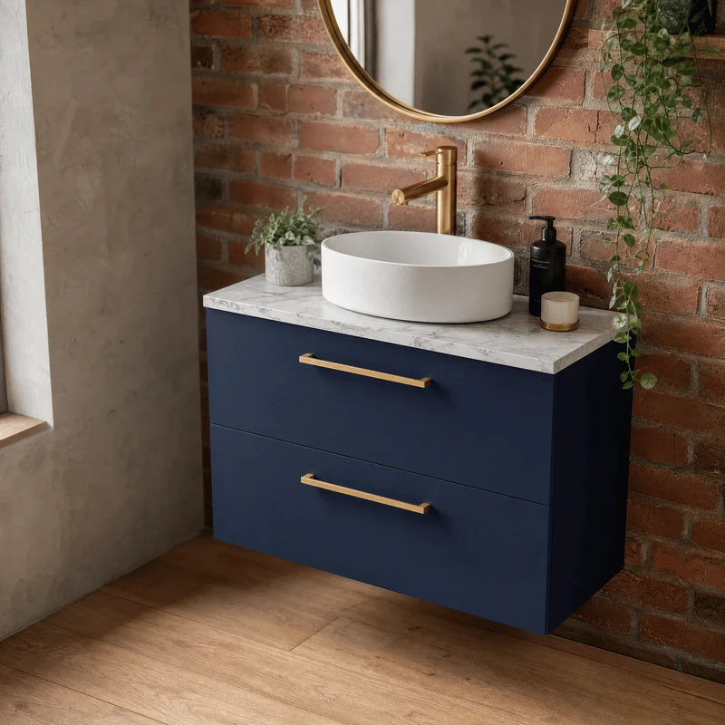 Lana 600mm Wall Hung 2 Drawer Vanity Unit & Carrera Marble Laminate Worktop - Midnight Blue Satin