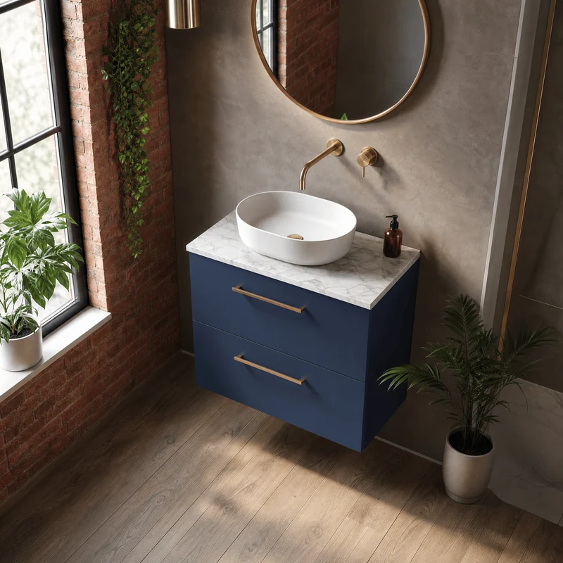Lana 600mm Wall Hung 2 Drawer Vanity Unit & Carrera Marble Laminate Worktop - Midnight Blue Satin