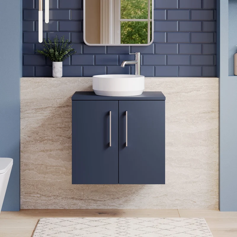 Lana 600mm Wall Hung 2 Door Vanity Unit & Worktop - Midnight Blue Satin