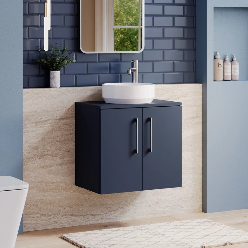 Lana 600mm Wall Hung 2 Door Vanity Unit & Worktop - Midnight Blue Satin