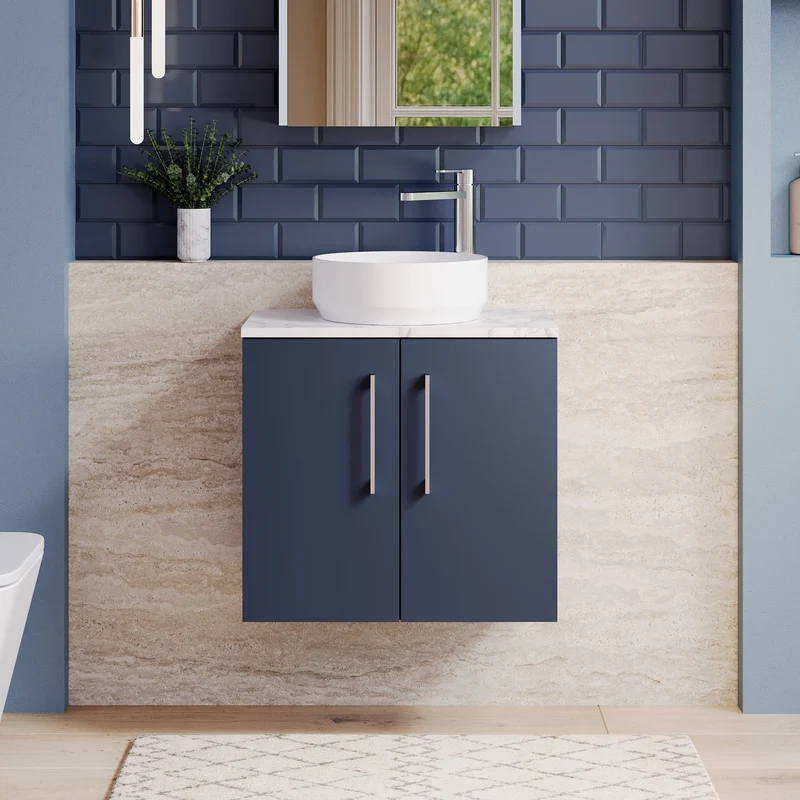 Lana 600mm Wall Hung 2 Door Vanity Unit & Carrera Marble Laminate Worktop - Midnight Blue Satin