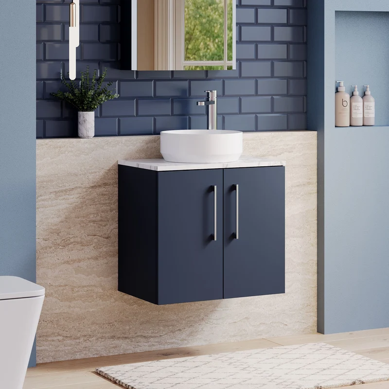 Lana 600mm Wall Hung 2 Door Vanity Unit & Carrera Marble Laminate Worktop - Midnight Blue Satin