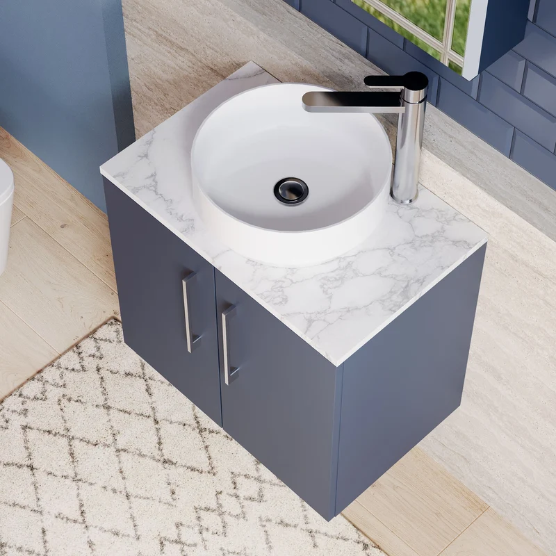 Lana 600mm Wall Hung 2 Door Vanity Unit & Carrera Marble Laminate Worktop - Midnight Blue Satin