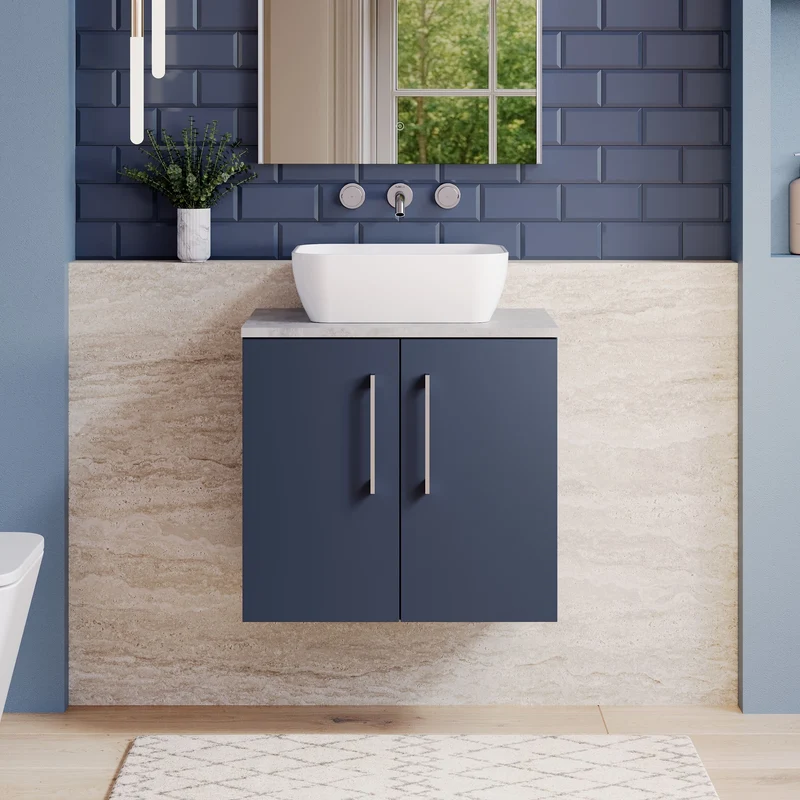 Lana 600mm Wall Hung 2 Door Vanity Unit & Bellato Grey Laminate Worktop - Midnight Blue Satin