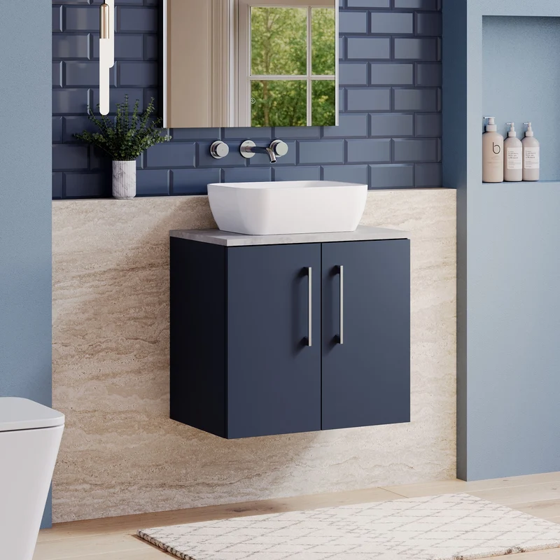 Lana 600mm Wall Hung 2 Door Vanity Unit & Bellato Grey Laminate Worktop - Midnight Blue Satin