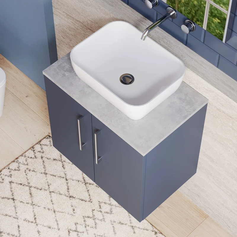 Lana 600mm Wall Hung 2 Door Vanity Unit & Bellato Grey Laminate Worktop - Midnight Blue Satin