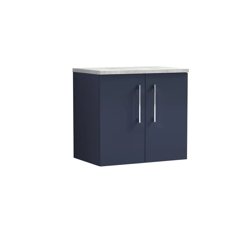 Lana 600mm Wall Hung 2 Door Vanity Unit & Bellato Grey Laminate Worktop - Midnight Blue Satin