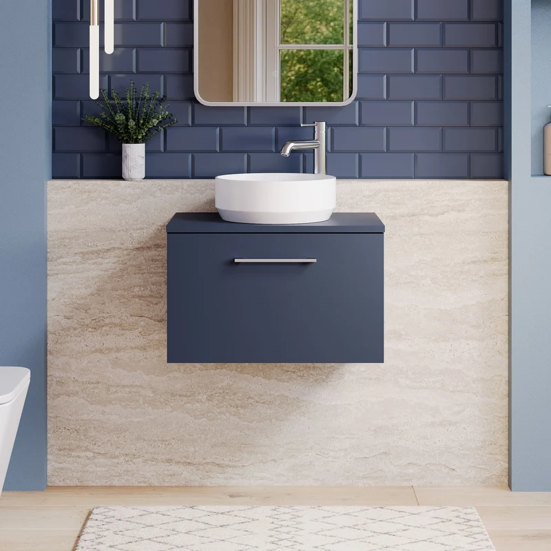 Lana 600mm Wall Hung 1 Drawer Vanity Unit & Worktop - Midnight Blue Satin