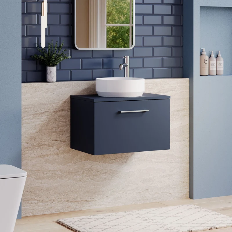 Lana 600mm Wall Hung 1 Drawer Vanity Unit & Worktop - Midnight Blue Satin