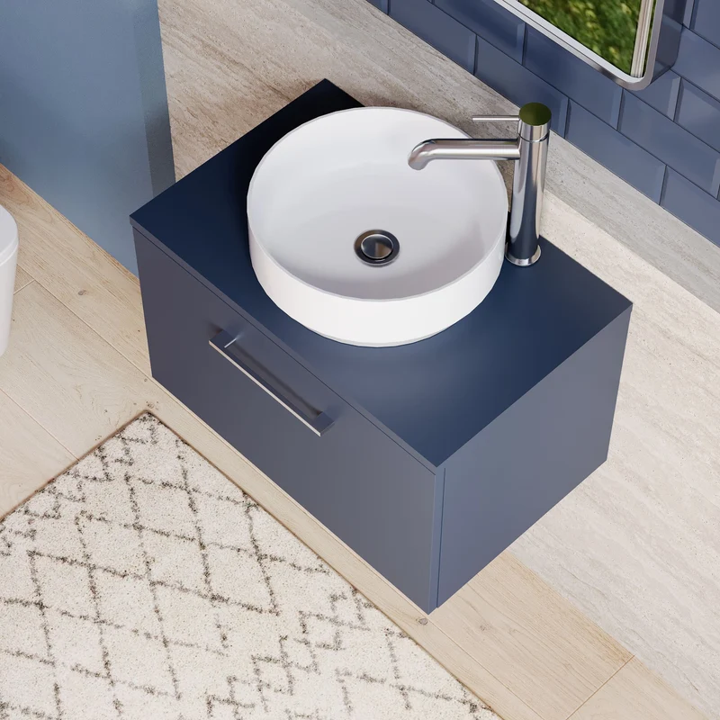 Lana 600mm Wall Hung 1 Drawer Vanity Unit & Worktop - Midnight Blue Satin
