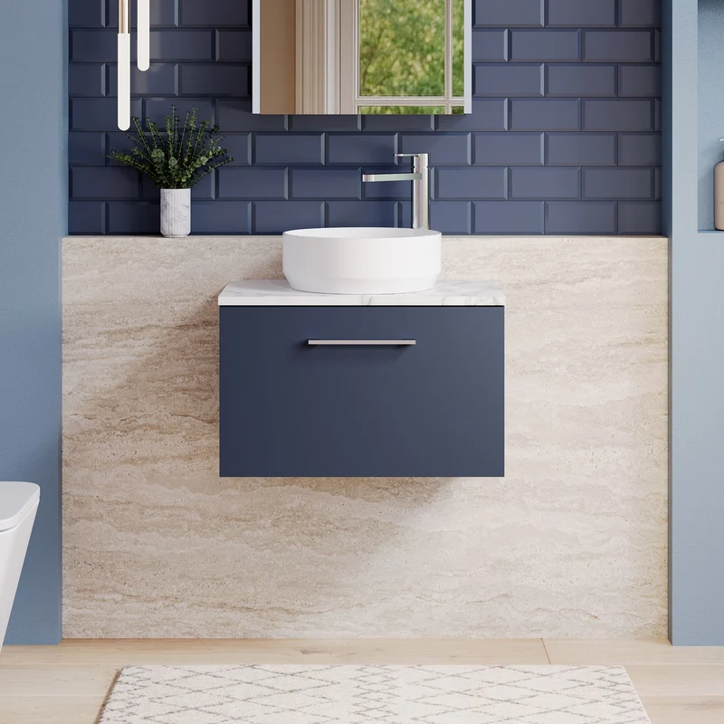Lana 600mm Wall Hung 1 Drawer Vanity Unit & Carrera Marble Laminate Worktop - Midnight Blue Satin