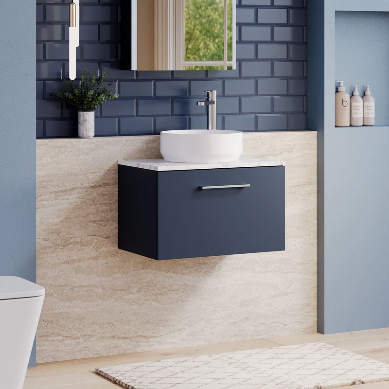 Lana 600mm Wall Hung 1 Drawer Vanity Unit & Carrera Marble Laminate Worktop - Midnight Blue Satin