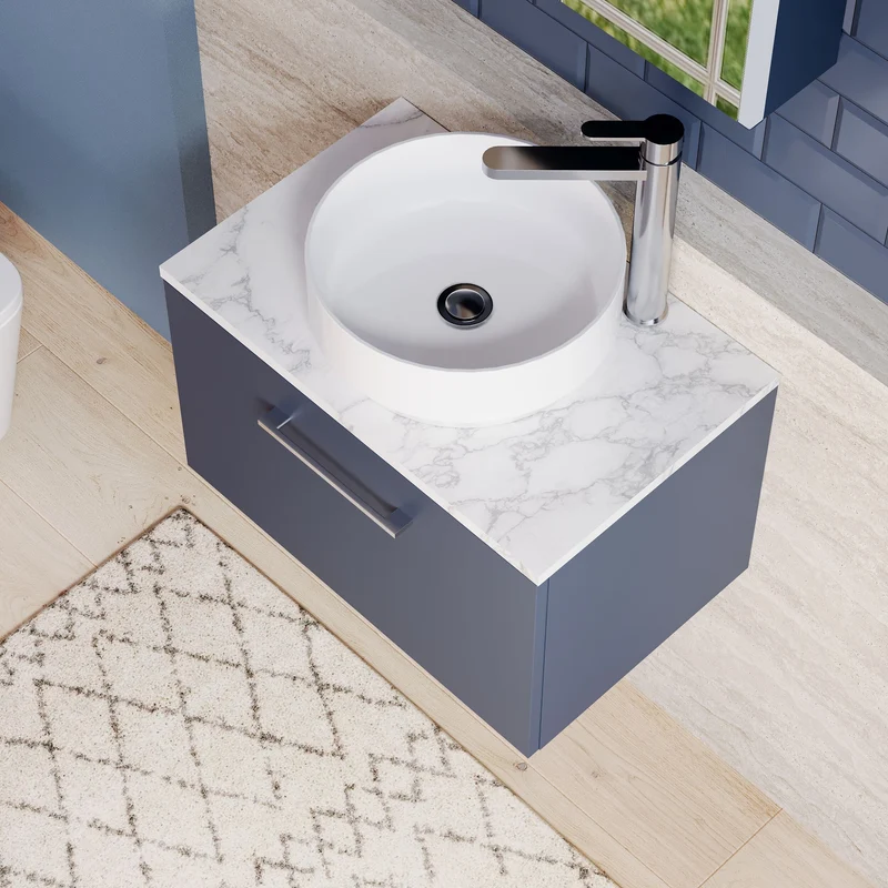 Lana 600mm Wall Hung 1 Drawer Vanity Unit & Carrera Marble Laminate Worktop - Midnight Blue Satin