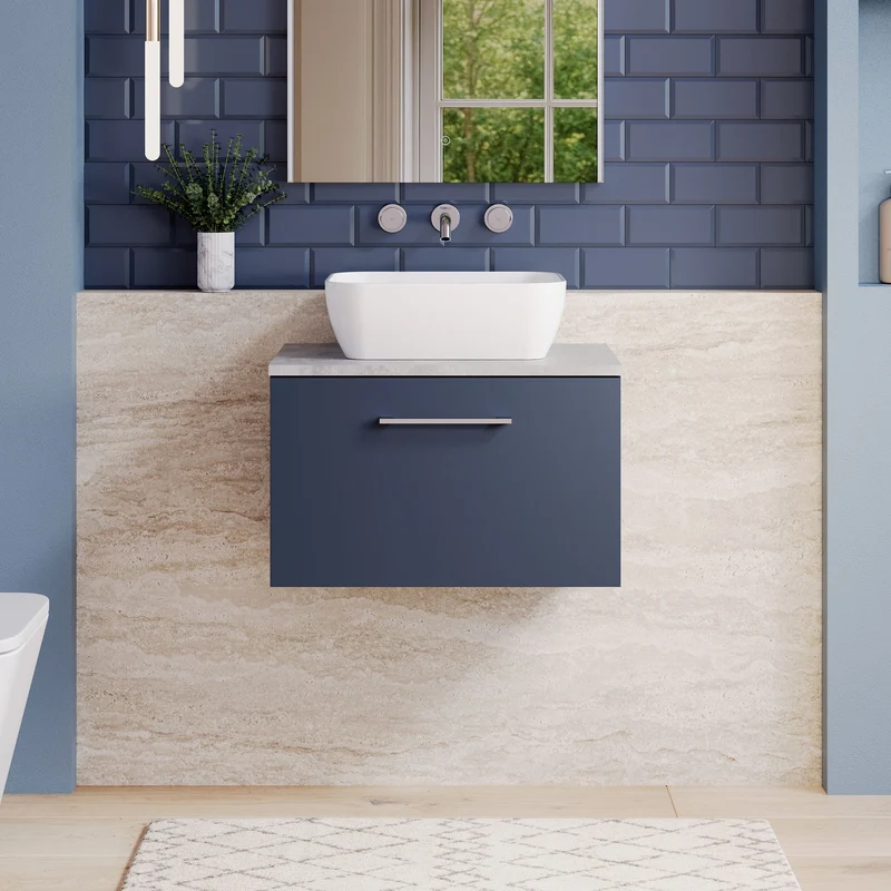 Lana 600mm Wall Hung 1 Drawer Vanity Unit & Bellato Grey Laminate Worktop - Midnight Blue Satin