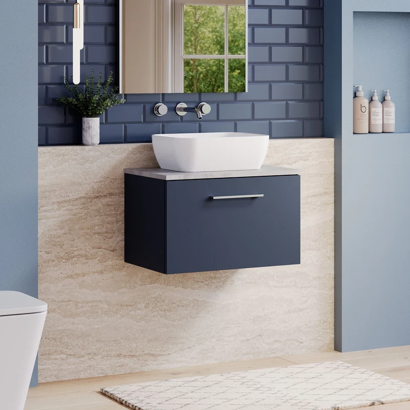 Lana 600mm Wall Hung 1 Drawer Vanity Unit & Bellato Grey Laminate Worktop - Midnight Blue Satin