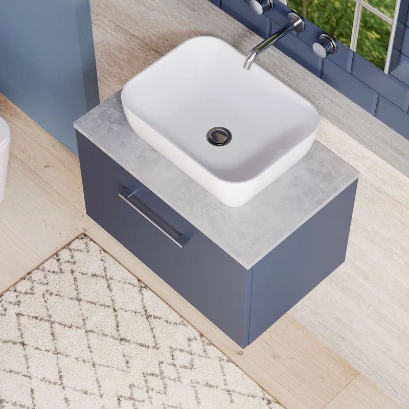 Lana 600mm Wall Hung 1 Drawer Vanity Unit & Bellato Grey Laminate Worktop - Midnight Blue Satin