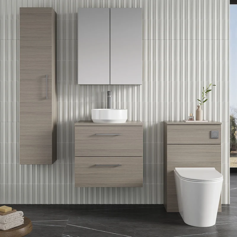 Lana 600mm Wall Hung 2 Drawer Vanity Unit & Worktop - Solace Oak Woodgrain