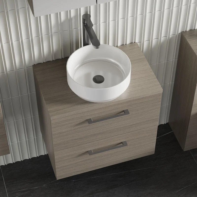 Lana 600mm Wall Hung 2 Drawer Vanity Unit & Worktop - Solace Oak Woodgrain
