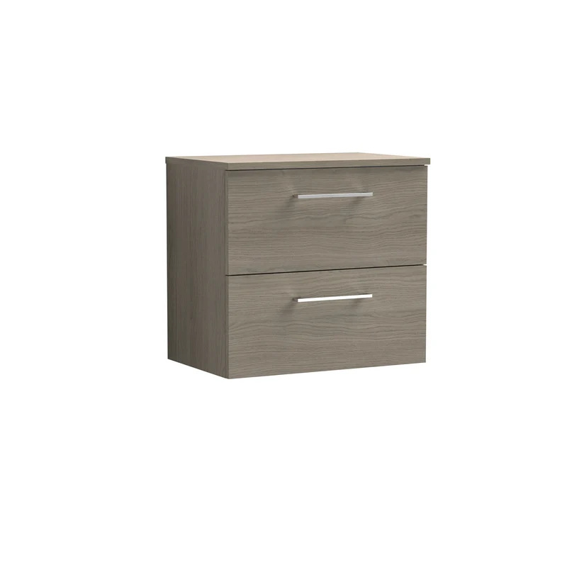 Lana 600mm Wall Hung 2 Drawer Vanity Unit & Worktop - Solace Oak Woodgrain
